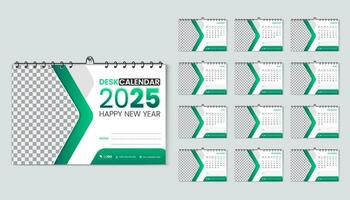 Desk calendar 2025 planner design template in geometric green gradient color shape vector