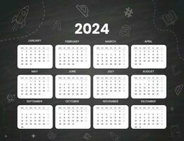 Black minimal 2024 desk calendar template, cool hand drawn school object background design vector