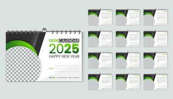 escritorio calendario 2025 planificador y corporativo diseño modelo colocar, anual calendario 2025 para 12 meses, semana empieza lunes, resumen verde degradado color forma con vector diseño