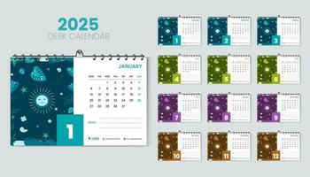 escritorio calendario 2025 planificador y corporativo diseño modelo colocar, anual calendario 2025 haz para 12 meses, semana empieza lunes, múltiple color formas con vector disposición, natural dibujado a mano calendario