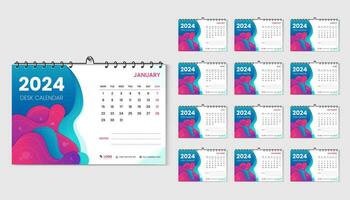 mínimo 2024 escritorio calendario diseño modelo resumen azul rosado frio líquido color forma vector