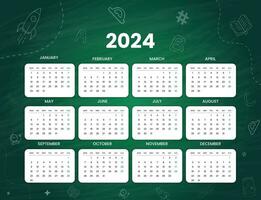 Green minimal 2024 desk calendar template, cool hand drawn school object background design vector