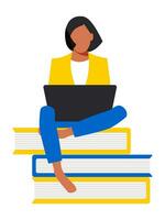 Cute female student sitting with a laptop on books. Online education concept. Freelancer working remotely. Vector. vector