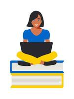 Cute female student sitting with a laptop on books. Online education concept. Freelancer working remotely. Vector. vector