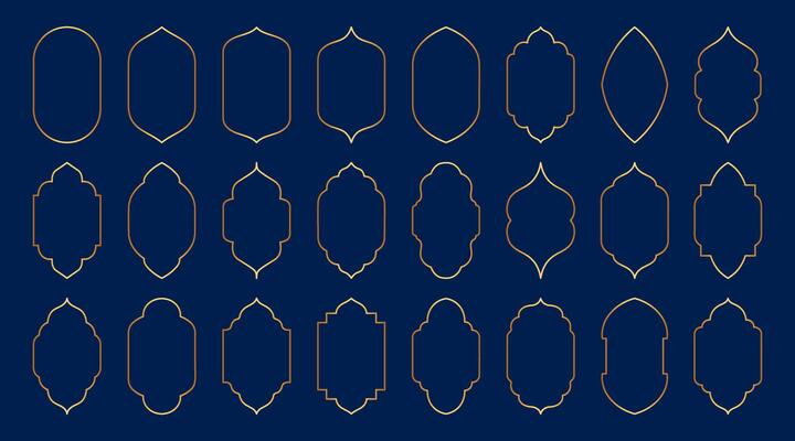 Gold islamic modern minimalist aesthetic linear arch frames set elements. Lineart geometric shapes. Boho line art vector illustration for social media, poster