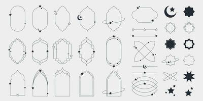 Islamic modern minimalist aesthetic linear set elements. Arch frames with stars and crescent. Lineart geometric shapes. Boho line art vector illustration for social media, poster