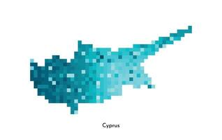 Vector isolated geometric illustration with simplified icy blue silhouette of Cyprus map. Pixel art style for NFT template. Dotted logo with gradient texture for design on white background