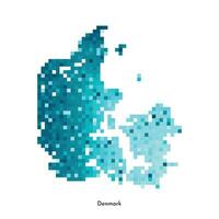 Vector isolated geometric illustration with simplified icy blue silhouette of Denmark map. Pixel art style for NFT template. Dotted logo with gradient texture for design on white background