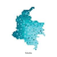 Vector isolated geometric illustration with simplified icy blue silhouette of Colombia map. Pixel art style for NFT template. Dotted logo with gradient texture for design on white background