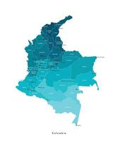 Vector modern isolated illustration. Simplified colorful administrative map of Colombia. White background and outlines. Names of big cities and departments, regions