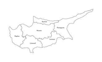 Vector isolated illustration of simplified administrative map of Cyprus. Borders and names of the districts, regions. White silhouettes. Black outline.