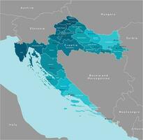 Vector modern illustration. Simplified administrative map of Croatia and borders with neighboring countries. Blue background of Adriatic Sea. Names of croatian cities and counties, regions.