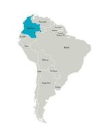 Vector illustration with simplified map of South America continent with blue contour of Colombia. Grey silhouettes, white outline of states border.