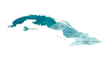 Vector isolated illustration of simplified administrative map of Cuba. Borders and names of the provinces, regions. Blue silhouettes. White outline