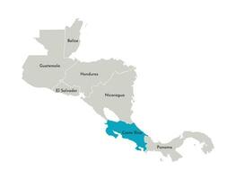 Vector illustration with simplified map of Central America region with blue contour of Costa Rica. Grey silhouettes, white outline of states border.