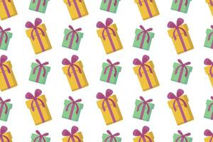 Seamless holiday pattern. Bright gift boxes in yellow and green with pink bows. For birthday wrapping paper, greeting card, background, prints. vector
