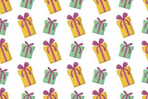 Seamless holiday pattern. Bright gift boxes in yellow and green with pink bows. For birthday wrapping paper, greeting card, background, prints. vector