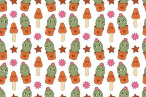 Seamless groovy pattern. Cactus, mushrooms, stars. Characters in retro cartoon style. vector