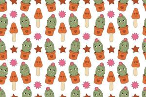 Seamless groovy pattern. Cactus, mushrooms, stars. Characters in retro cartoon style. vector