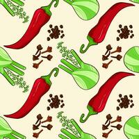 Seamless pattern with pepper and fennel.  Hand drawn vector illustration. Perfect for use to create culinary projects, branding, logo, menus, packaging, patterns, prints, textile design