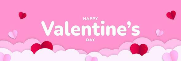 Happy Valentines Day. Valentine background design with paper clouds, flying red and pink heart shapes. Vector illustration