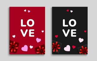 Valentines day greeting card set with 3d red and pink paper hearts, gift boxes. Poster, cover, flyer template. Vector illustration