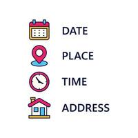 Set of time and location icons with a colorful design. Linear color style of time and location sign vector
