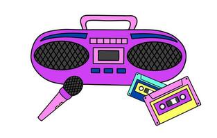 Retro tape recorder with cassettes and microphone. Portable stereo boombox. Pop culture 90s concept. Vector illustration