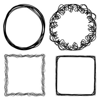 Set of vector abstract black frames drawn in doodle style on a white background