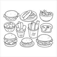 Fast food set. Monochrome sketch with street food and drinks, sweets and bakery, sandwich and pizza, Chinese noodles and sausages. Doodle print for cafe menu design. Cartoon flat vector collection