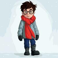 Vector Hand-drawn Child Boy in Jacket, Boots, and Red Scarf on White Winter Snowy Background