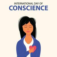 illustration vector graphic of a woman holds her chest, displaying a heart symbol, perfect for international day, international day of conscience, celebrate, greeting card, etc.