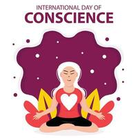 illustration vector graphic of a woman is meditating, displaying a heart symbol on her chest, perfect for international day, international day of conscience, celebrate, greeting card, etc.