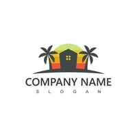 Village logo, house and beach design template for village, hotel and travel company vector