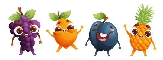 Set of four cute fruit characters. Little happy grapes, lemon, plum and pineapple. Dynamic poses, colorful detailed Cartoon style . vector