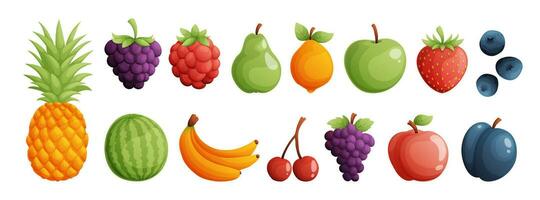 un conjunto de frutas consistente de piña, frambuesa, arándano, pera, limón y manzana. fresa, arándano, sandía, banana, cereza, uva, melocotón y ciruela. detallado dibujos animados estilo vector. vector