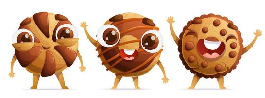 A set of three cute characters in the form of traditional cookies. Little happy shortbread cookies with chocolate chips. Dynamic poses, colorful detailed Cartoon style vector. vector