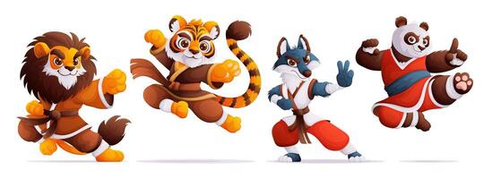 Set of four kung fu master characters. A lion, a tiger, a wolf and a panda in a kimono are practicing kung fu. Dynamic poses, colorful detailed Cartoon style . vector