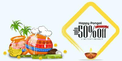 Happy Pongal harvest festival sale banner design template with offer tag vector illustration.