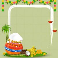 Happy Pongal background with coconut, banana, sugarcane, pongal pot and flowers. Vector illustration.