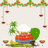 Happy Pongal background with coconut and flower elements with text space. Vector illustration