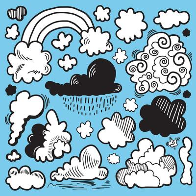 Set of Design Elements Sun, Clouds, Rain, Rainbow. hand draw the weather collection.