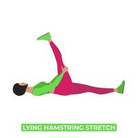 Vector Woman Doing Lying Hamstring Stretch. An Educational Illustration On A White Background.