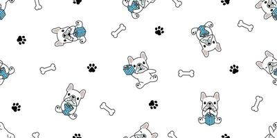 dog seamless pattern Birthday gift box Christmas vector french bulldog Santa Claus hat scarf isolated cartoon repeat background tile wallpaper illustration white design