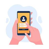 Hand holding smartphone with user login form page flat illustration vector template, Account login, Sign in authorization, Online registration form, User authorization, login authentication page