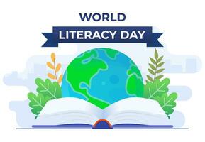 International Literacy Day flat vector illustration banner with opened book and globe, 8th September, Reading books, World Literacy Day celebration, Happy Literacy Day