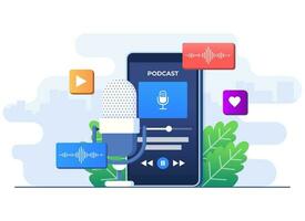 Audio podcast concept flat illustration vector template, Podcast mobile application interface on smartphone screen  for listening to music, radio and podcasts, Music player