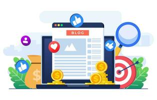 Blog monetization concept flat illustration vector template, Making money online, Website monetization, Analyzing blog content and generating income with ad placements and sponsor partnerships