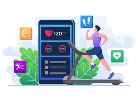 Man character running on a treadmill, Fitness tracker mobile app flat illustration vector template, Smart working, Training, Sports exercises, Monitoring heart rate in fitness app on a smartphone