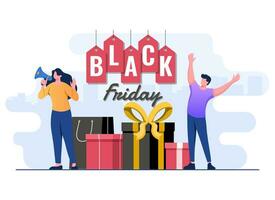Black Friday big sale concept flat illustration vector template, Happy people with gift boxes and shopping bags, Online shopping, Big promotion discount